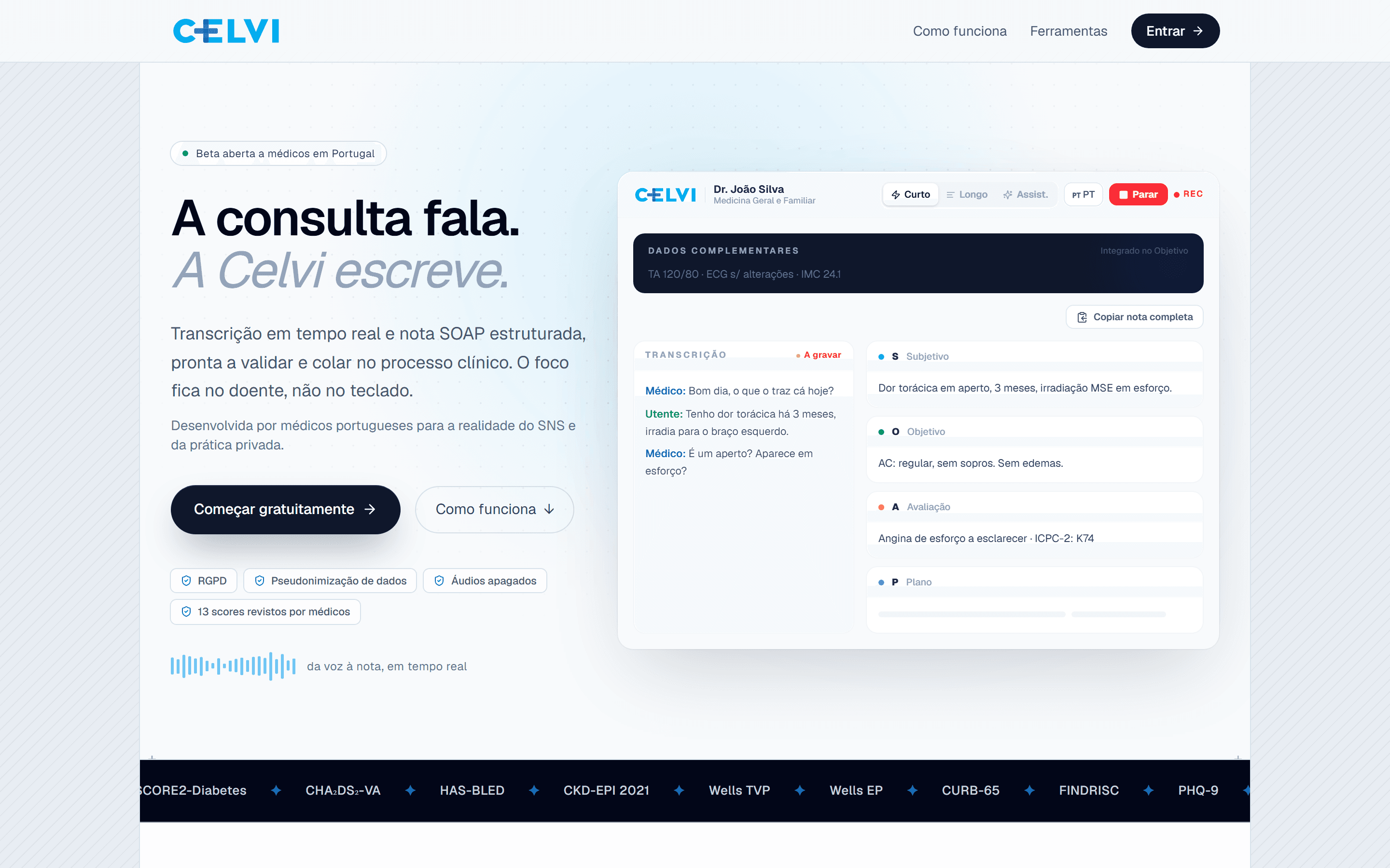 O Celvi AI a transcrever uma consulta e a preencher a nota em Subjetivo, Objetivo, Avaliação e Plano