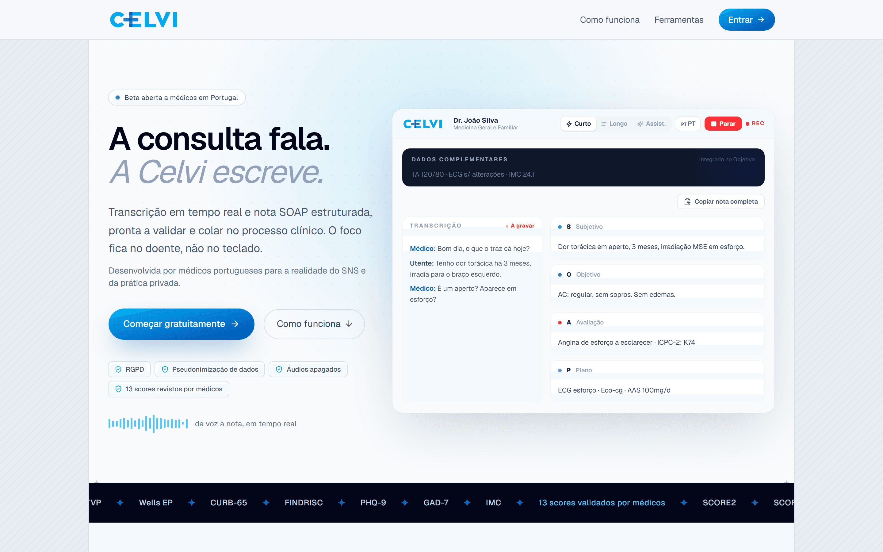 O Celvi AI a transcrever uma consulta e a preencher a nota em Subjetivo, Objetivo, Avaliação e Plano