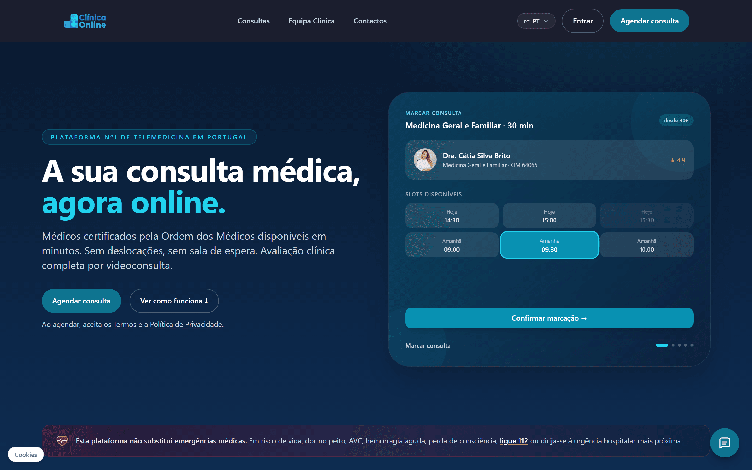 A plataforma Clínica Online, com a marcação de uma consulta de Medicina Geral e Familiar e os horários disponíveis