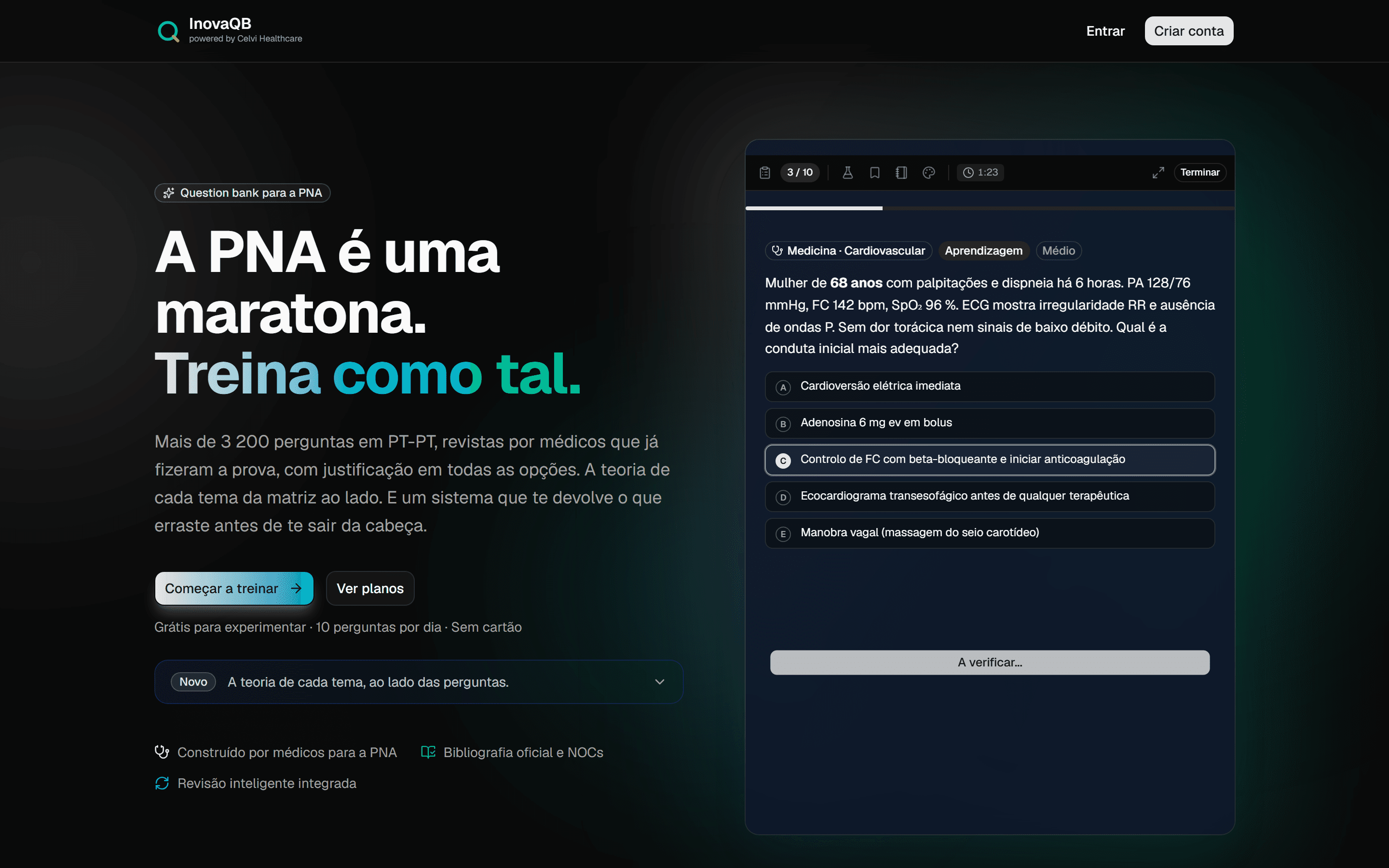 A plataforma InovaQB, com uma pergunta de cardiologia e as cinco opções de resposta