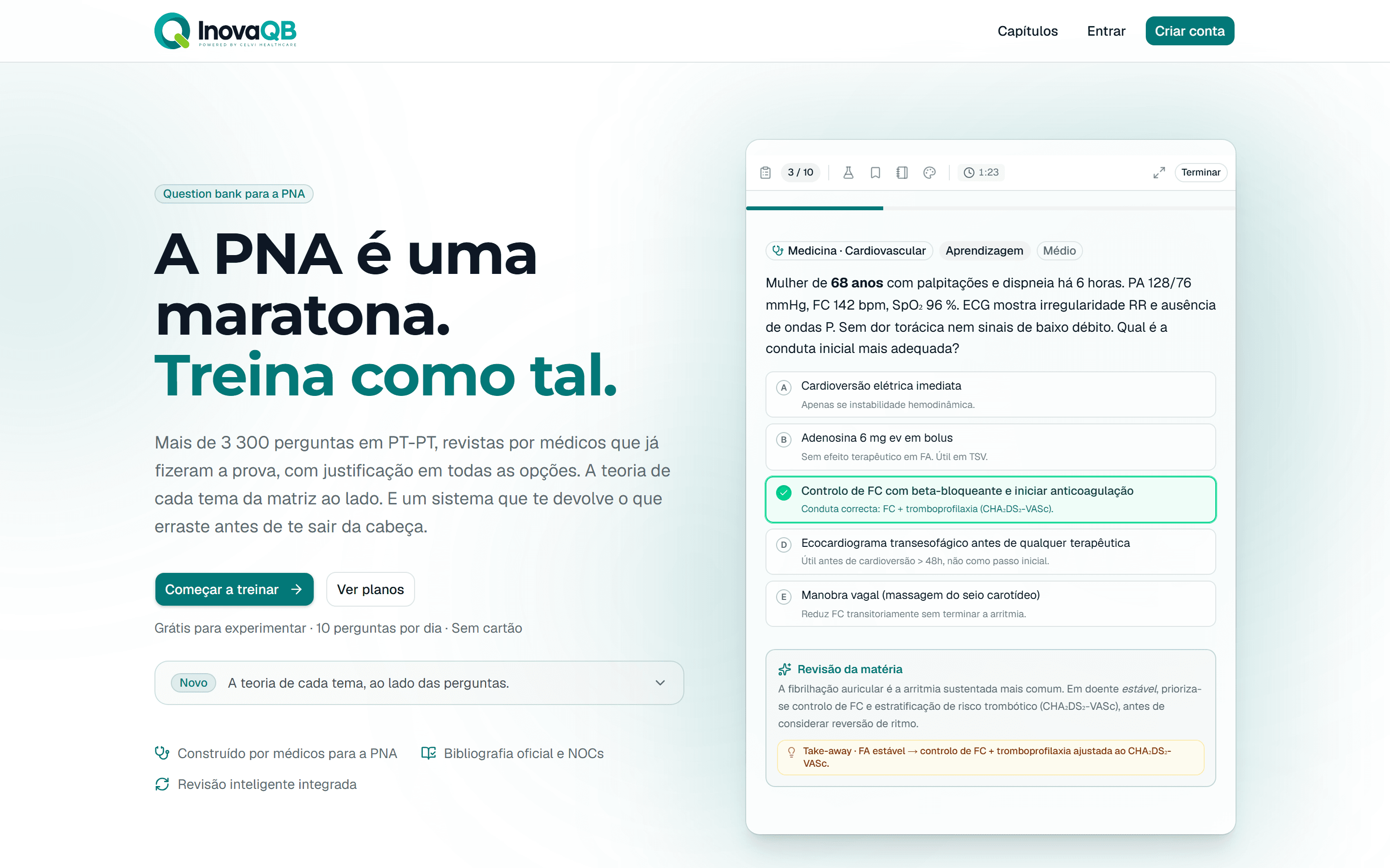 A plataforma InovaQB, com uma pergunta de cardiologia respondida, a justificação de cada uma das cinco opções e a revisão da matéria